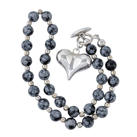 Estate Sterling Silver 925 Snowflake Obsidian Heart Toggle Necklace 18" - Picture 4 of 8